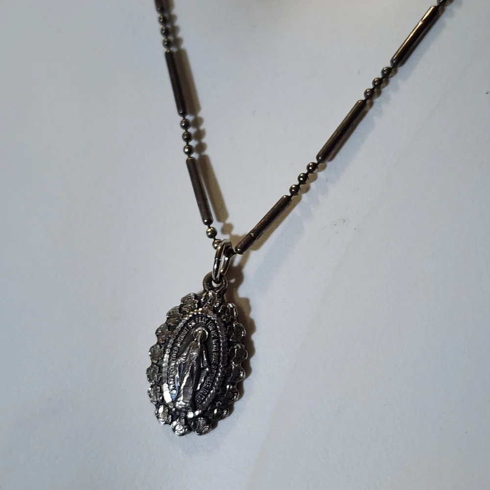 Vtg 925 Italy Silver Pendant Necklace St Mary Conceived Without Sin Pray For Us